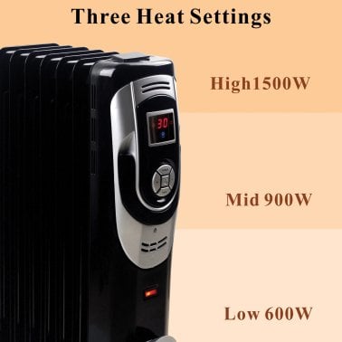 Optimus H-6015 3-Setting 1,500-Max 7-Fin Portable Oil-Filled Radiator Heater with Digital Display, Timer, Thermostat, and Wheels