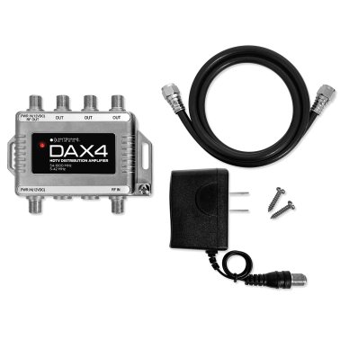 Antennas Direct® DAX 4-Output TV Antenna Distribution Amplifier, Output to 4 Televisions, CATV Systems, 4K 8K Ready — with Power Supply, Coaxial Cable (Silver)