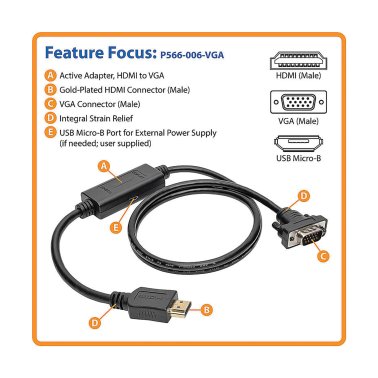 Tripp Lite® by Eaton® HDMI® to Low-Profile HD15 VGA M/M Active Adapter Cable, 6-Ft.