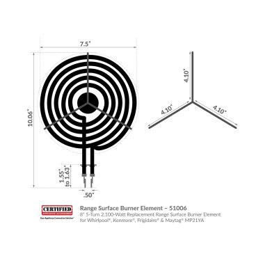 Certified Appliance Accessories® 8" 5-Turn 2,100-Watt Replacement Range Surface Burner Element for Whirlpool®, Kenmore®, Frigidaire® & Maytag® MP21YA