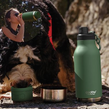 ASOBU® Buddy 32-Oz. 3-in-1 Water Bottle with Removable Dog Bowl and Food Compartment (Basil Green)