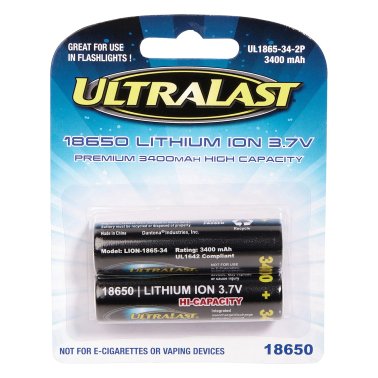 Ultralast® 3,400 mAh 18650 Retail Blister-Carded Batteries (2 Pack)
