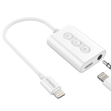 Naztech® 3.5-mm Audio + Charge Adapter with Built-in Lightning® Cable and Remote for iPhone®, 14596, White