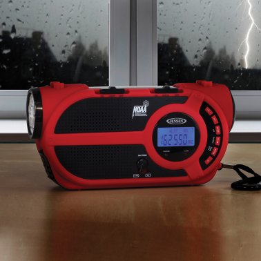 JENSEN® Portable Digital AM/FM Weather Radio with Weather Alert, Flashlight, and 4-Way Charging, Red, JEP-650
