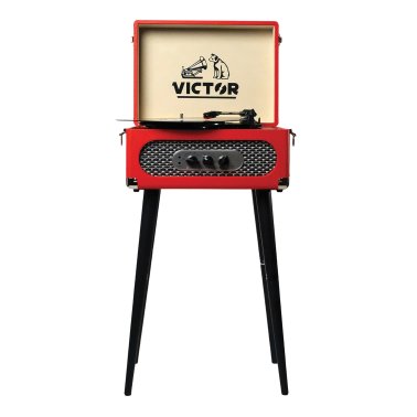 Victor® Andover Dual-Bluetooth® Belt-Drive 5-in-1 Suitcase-Style Record Player with Legs, VWRP-3200 (Red)