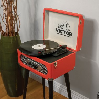 Victor® Andover Dual-Bluetooth® Belt-Drive 5-in-1 Suitcase-Style Record Player with Legs, VWRP-3200 (Red)