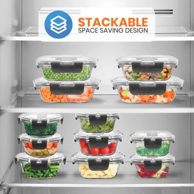 NutriChef 24-Piece Stackable Borosilicate Glass Food Storage Containers Set (Gray)