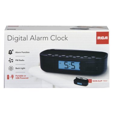 RCA Digital Radio Alarm Clock with USB Charging Cord