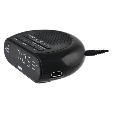 RCA Digital Radio Alarm Clock with Soothing Sounds, Brightness Control, and USB Charging Port