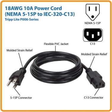 Tripp Lite® by Eaton® 18-AWG Universal Computer Power Cord (10 Ft.)