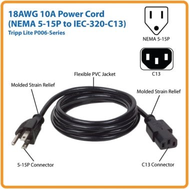 Tripp Lite® by Eaton® 18-AWG Universal Computer Power Cord (15 Ft.)