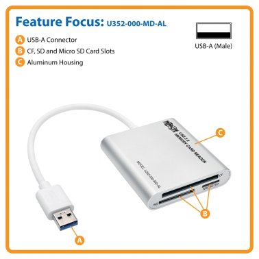 Tripp Lite® by Eaton® USB 3.0 Memory Card Reader/Writer, Aluminum Case