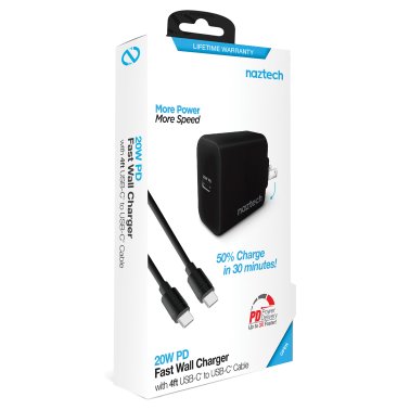 Naztech® 20-Watt Power Delivery USB-C® Wall Charger and USB-C® to USB-C® 4-Foot Cable