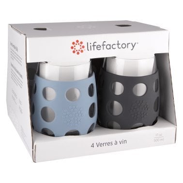 Lifefactory® 17-Oz. Stemless Wine Glasses with Protective Silicone Sleeves and Lids, 4 Count (Carbon/Optic White/Periwinkle/Wisteria)