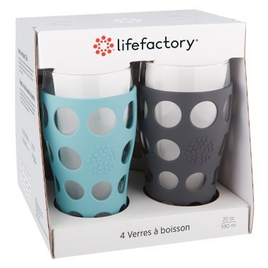 Lifefactory® 20-Oz. Beverage Glasses with Protective Silicone Sleeves, 4 Count (Stone Gray/Aqua Teal/Dusty Purple/Carbon)
