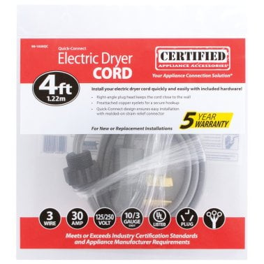 Certified Appliance Accessories® 3-Wire Eyelet 30-Amp Dryer Cord with Quick Connect, 4ft