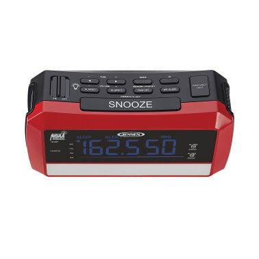 JENSEN® Digital AM/FM Weather Alarm Clock Radio with Weather Alert, Emergency Light, and Flashlight, Red, JEP-775