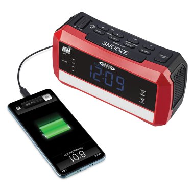 JENSEN® Digital AM/FM Weather Alarm Clock Radio with Weather Alert, Emergency Light, and Flashlight, Red, JEP-775