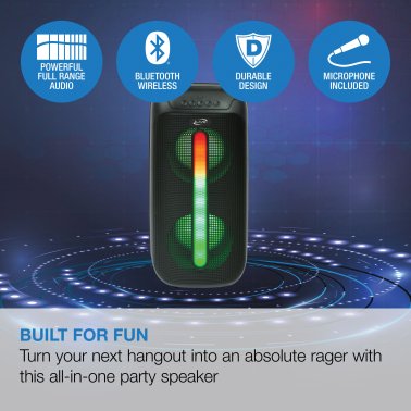 iLive Jam Time Portable Bluetooth® Speaker System with LED Lights, Microphone, and Speakerphone, True Wireless, Black, ISB293B