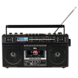 QFX® Bluetooth® Cassette USB/SD™ Card/AM/FM/SW1-2 Radio Boom Box with USB Recording and Built-in Microphone, Black, J-230BT