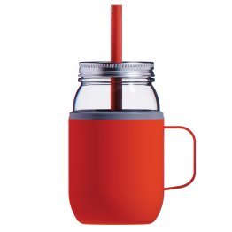 ASOBU® 16-Oz. Moonshine Glass Mason Jar with Lid, Straw, and Insulated Sleeve and Handle (Red)