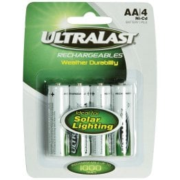 Ultralast® ULN4AASL AA Rechargeable NiCd Batteries for Solar Lights, 4 pk