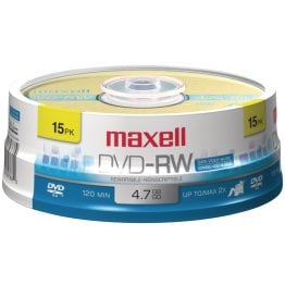 Maxell® DVD-RW 2x 4.7-GB/2-Hour Single-Sided Discs, 15 Count on Spindle