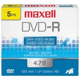 Maxell® DVD-R 16x 4.7-GB/120-Minute Single-Sided Discs (5 Pack)