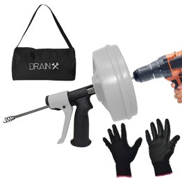 DrainX® SPINFEED Drum Auger Drain Snake, Auto Extend and Retract, with Work Gloves and Carrying Bag (50 Ft.)